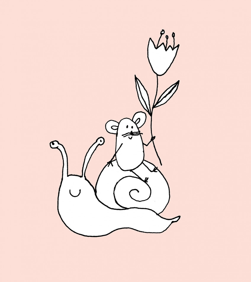 Zeichnung von einer Schnecke, auf deren Haus eine Maus sitzt und eine Blume hält