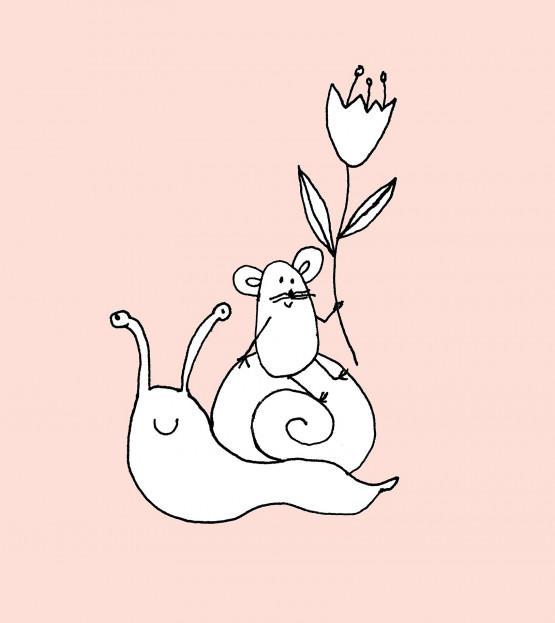 Zeichnung von einer Schnecke, auf deren Haus eine Maus sitzt und eine Blume hält